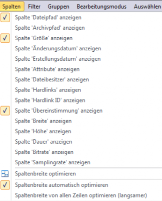 Das gesamte Spalten-Menü